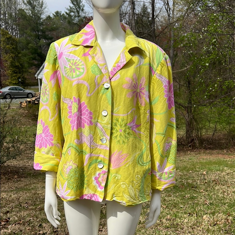 VGUC Linen blend RAFAEL Yellow and Pink Boxy Button Down Shirt Jacket
